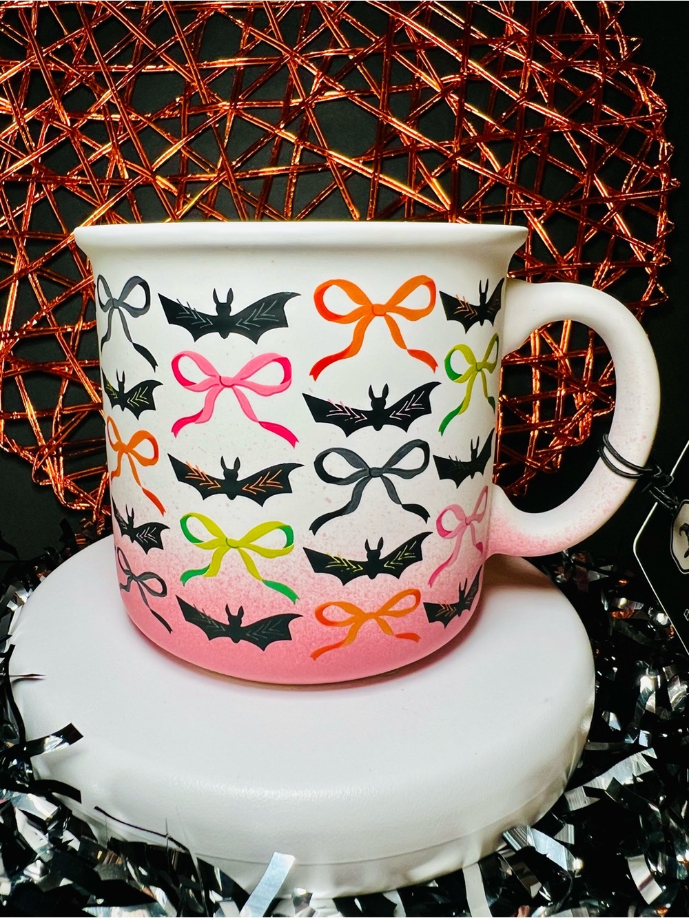 Halloween Pink Ombré Mug Ribbon Bows & Black Vampire Bats Stoneware